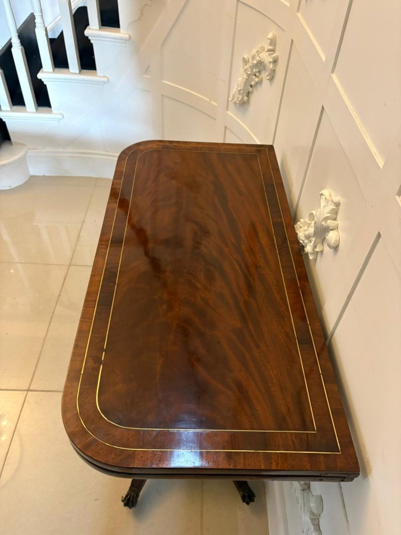 Antique English Regency Mahogany Brass Inlaid Fold Over Console Card Table - Image 11